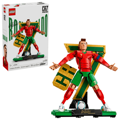 LEGO soccer legend set box with Cristiano Ronaldo minifigure and completed build