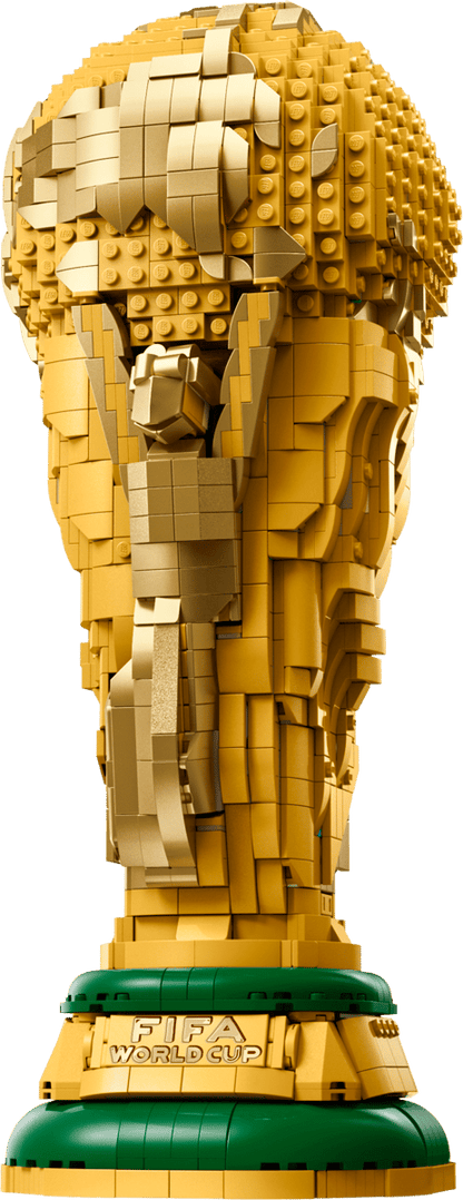 LEGO FIFA World Cup trophy brick model close-up with green nameplate base
