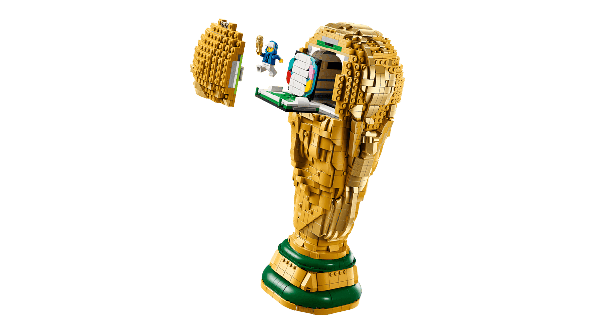LEGO FIFA World Cup trophy brick model with minifigure accessories on top