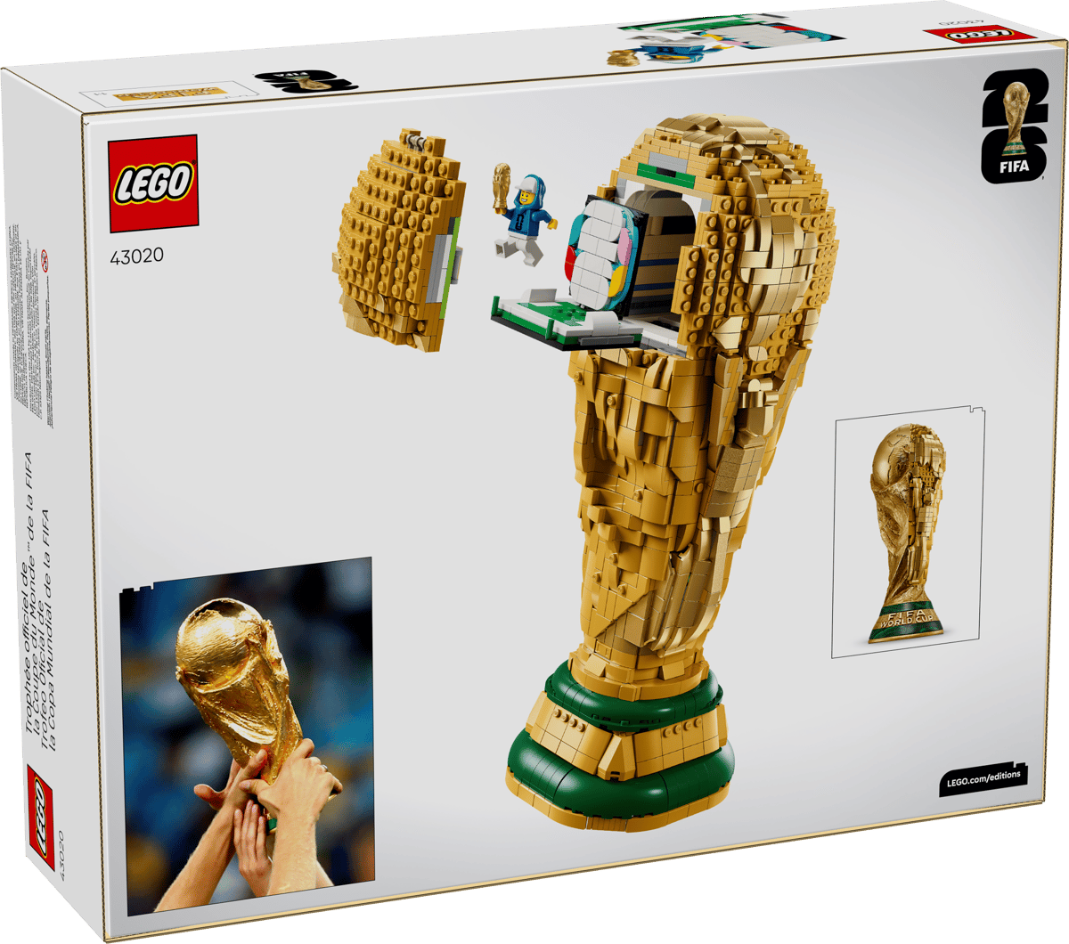 LEGO FIFA World Cup trophy brick model on retail box, with trophy and minifigure shown