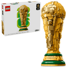 LEGO FIFA World Cup trophy brick model with green base, shown with retail box