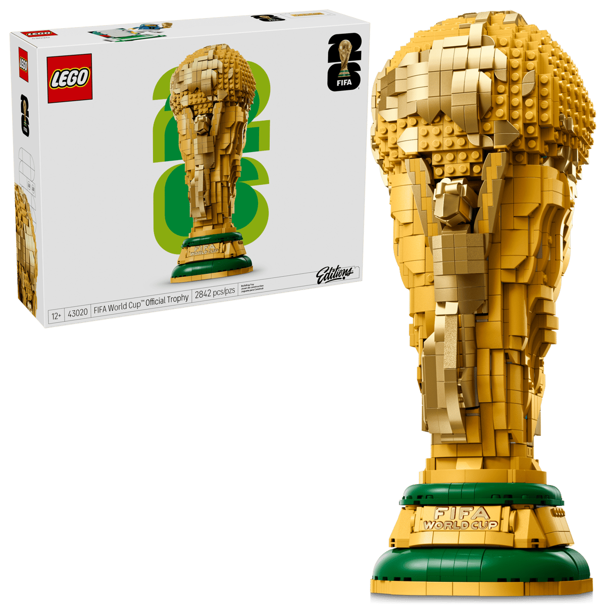 LEGO FIFA World Cup trophy brick model with green base, shown with retail box