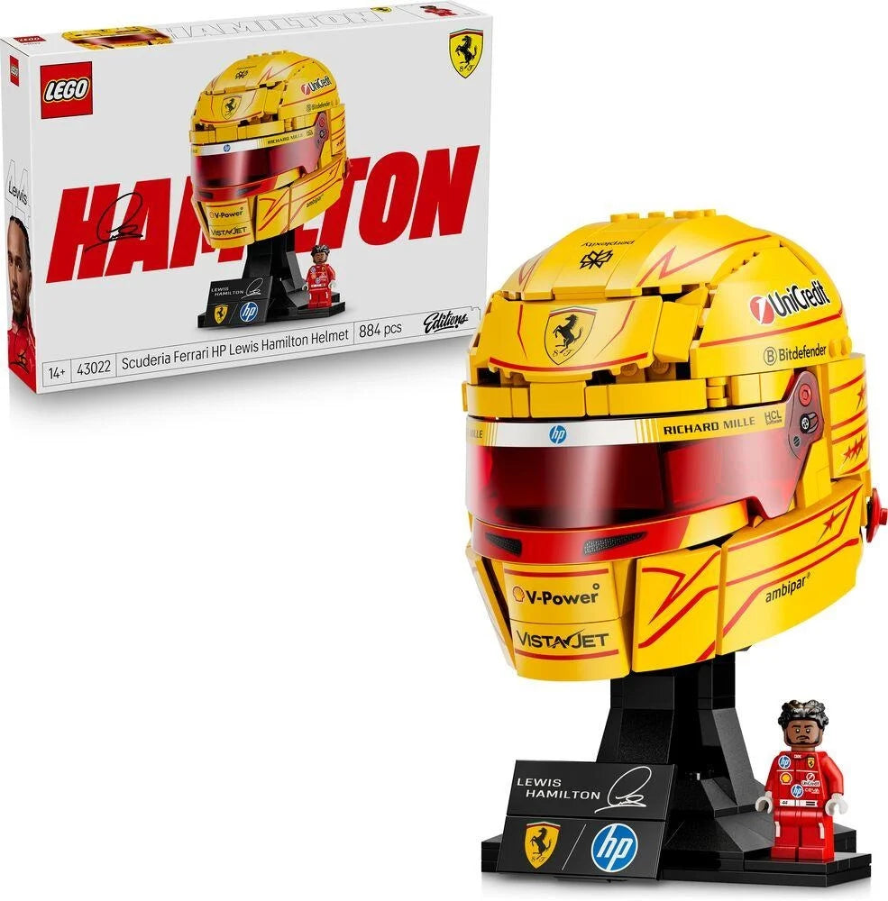 LEGO racing helmet toy with minifigure on display stand