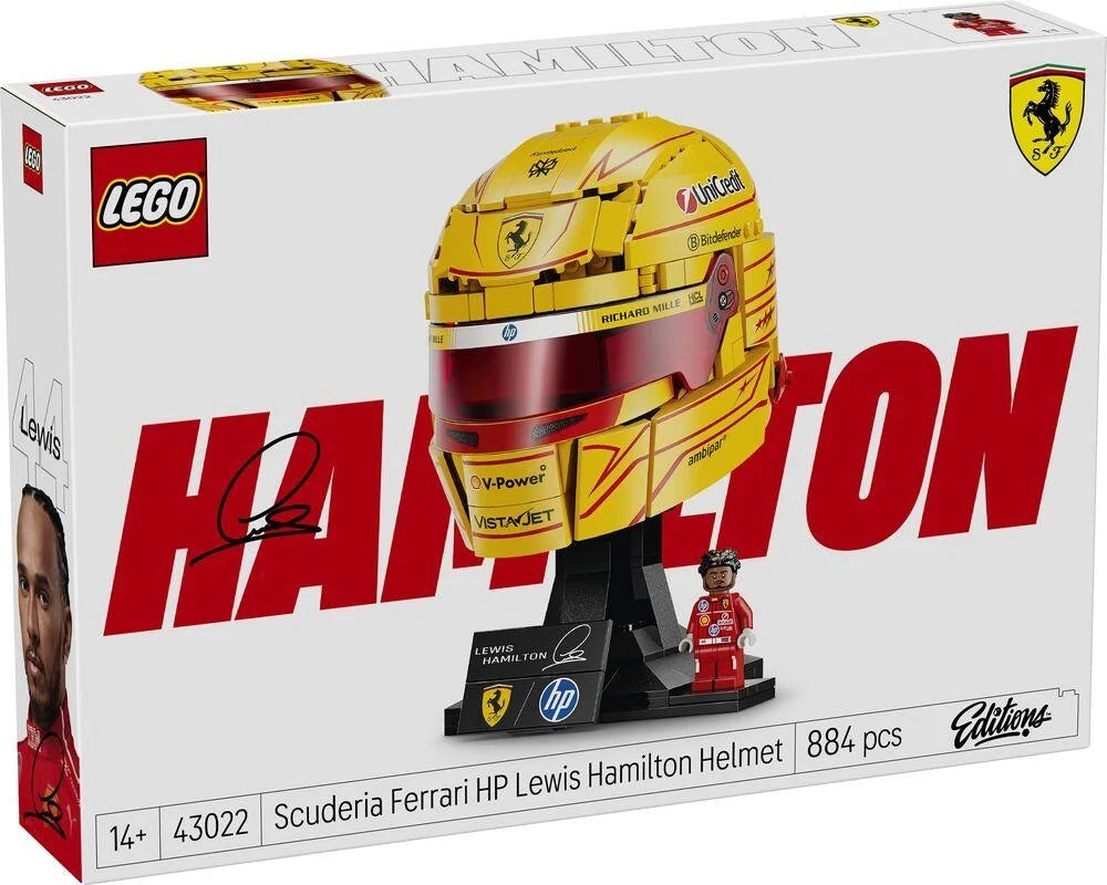 LEGO racing helmet model in retail box with yellow helmet and minifigure