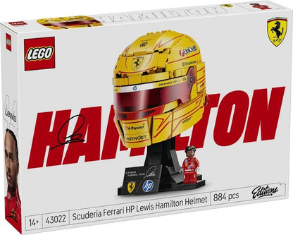 LEGO racing helmet model in retail box with yellow helmet and minifigure