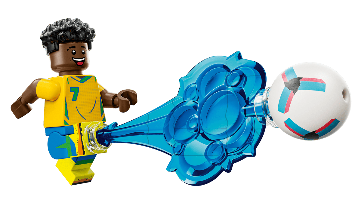LEGO soccer player minifigure in yellow kit with number 7 and blue ball launcher