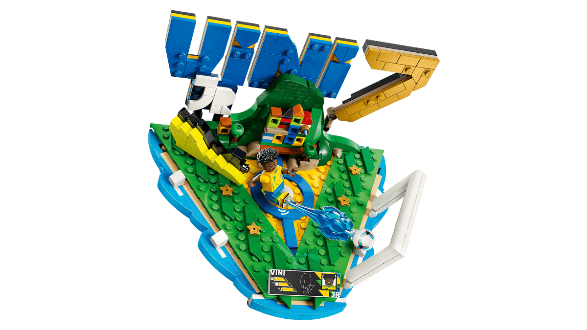 LEGO soccer highlights build with goal pieces, green field, blue action parts and figure