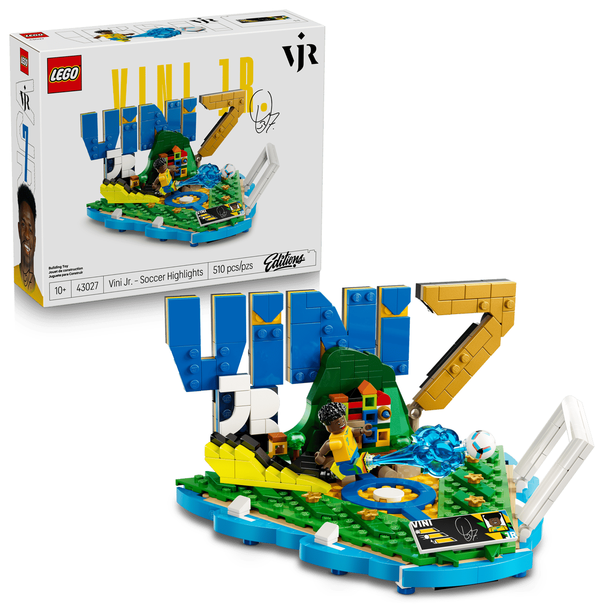 LEGO soccer highlights building set with blue, green, yellow parts and mini figure