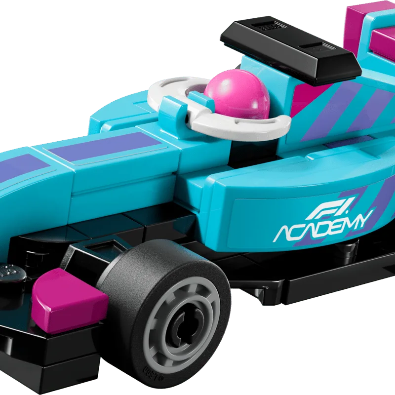 Mini F1 Academy™ toy car, turquoise with magenta nose and wheels, front wing