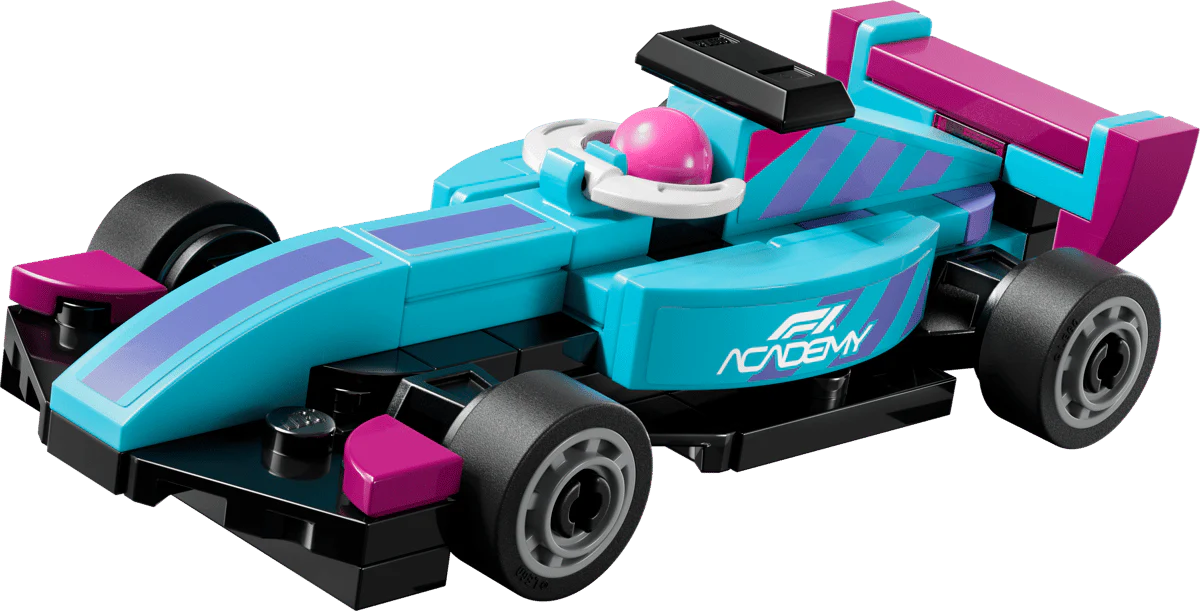 Mini F1 Academy car with teal body, pink nose, black wheels and rear wing