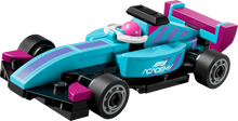 Mini F1 Academy car with teal body, pink nose, black wheels and rear wing