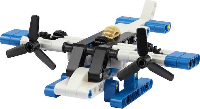White and blue seaplane toy with front propellers and twin side floats
