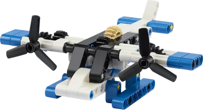 White and blue seaplane toy with front propellers and twin side floats