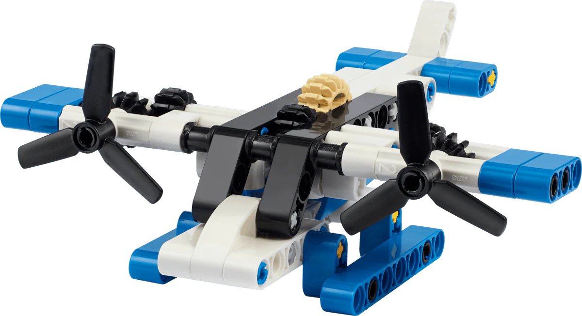 LEGO Technic White seaplane with blue pontoons and black propellers