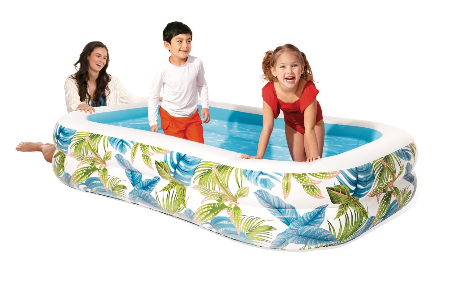 Inflatable family pool with tropical leaf fabric, white edges and blue inner floor