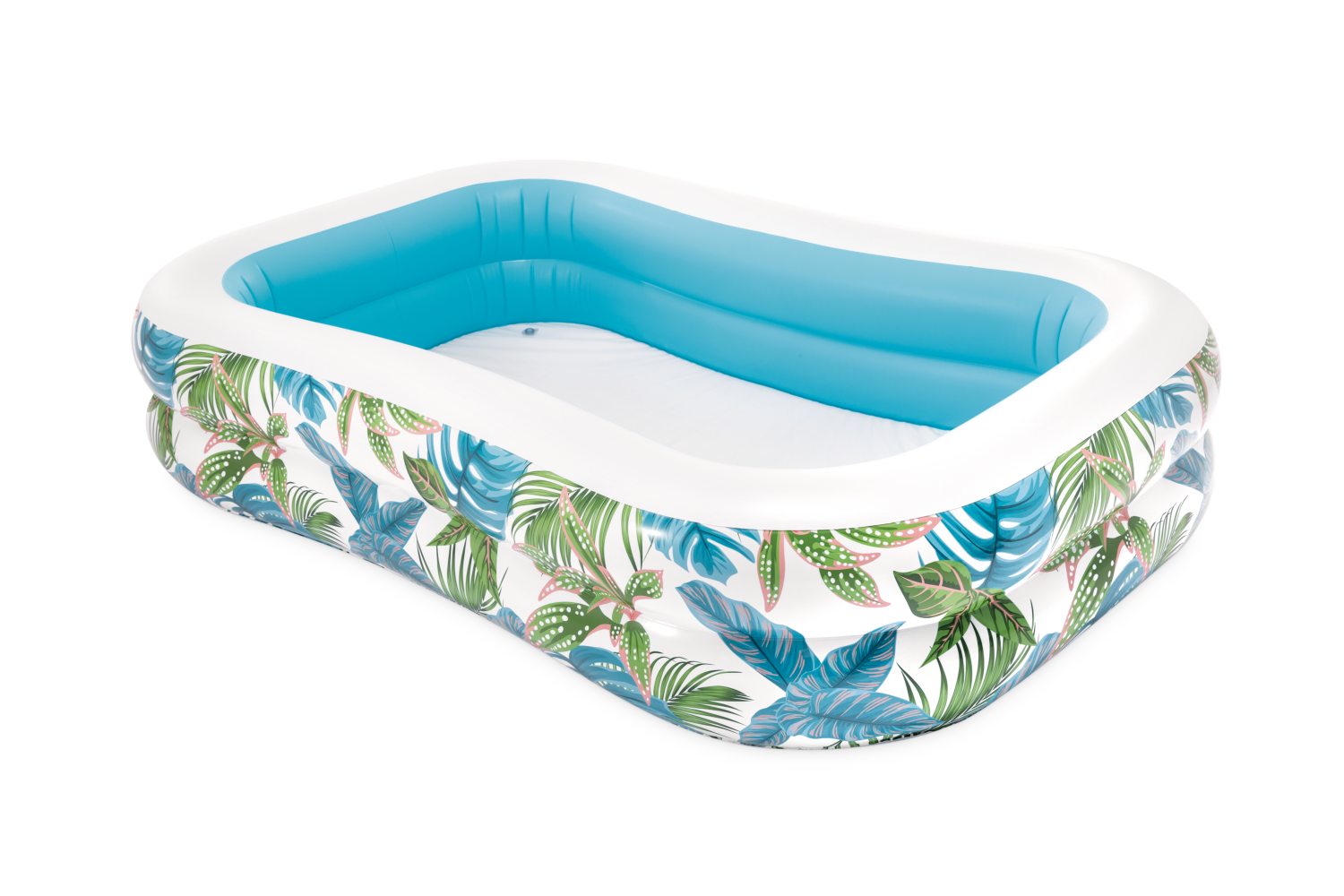 Inflatable family pool with tropical leaf print, white rim and blue interior