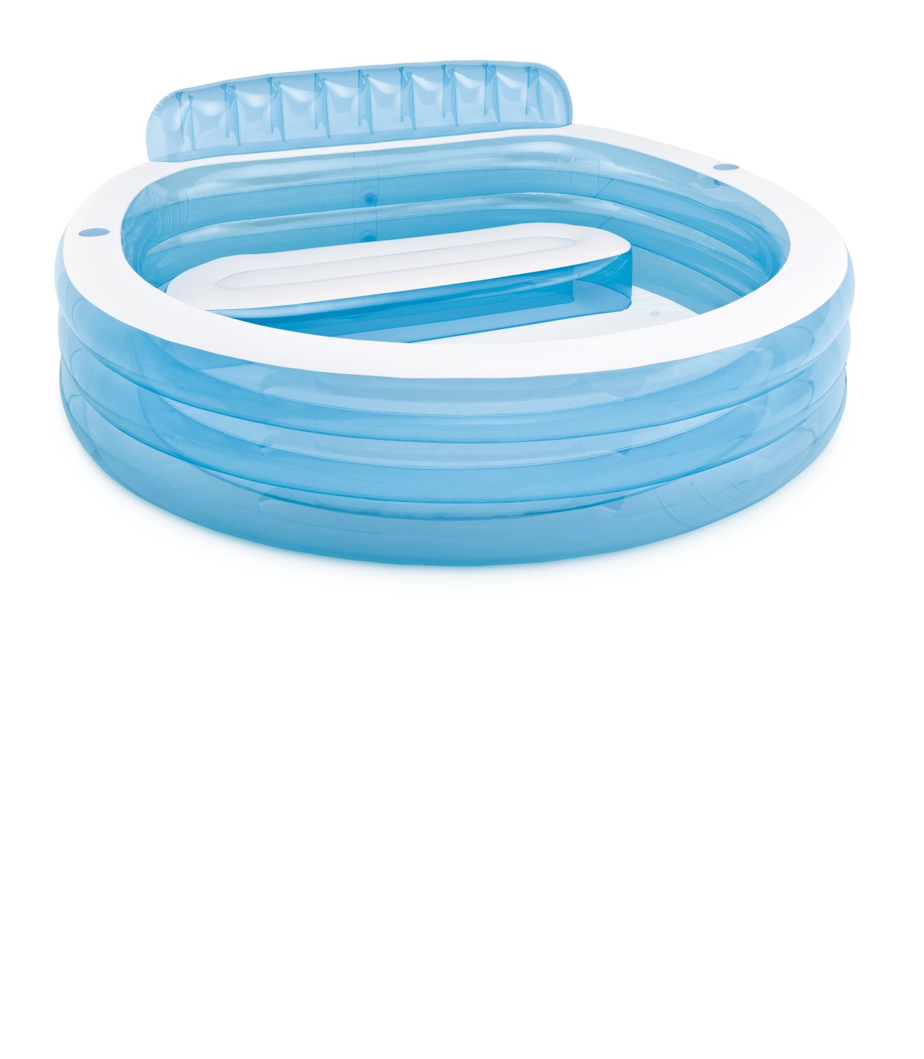 Round inflatable pool with white rim and blue inflatable seat, clear liner