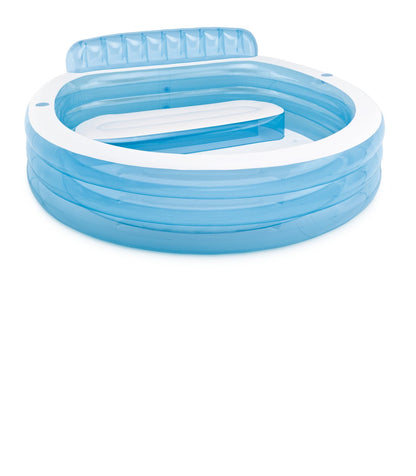 Round inflatable pool with white rim and blue inflatable seat, clear liner