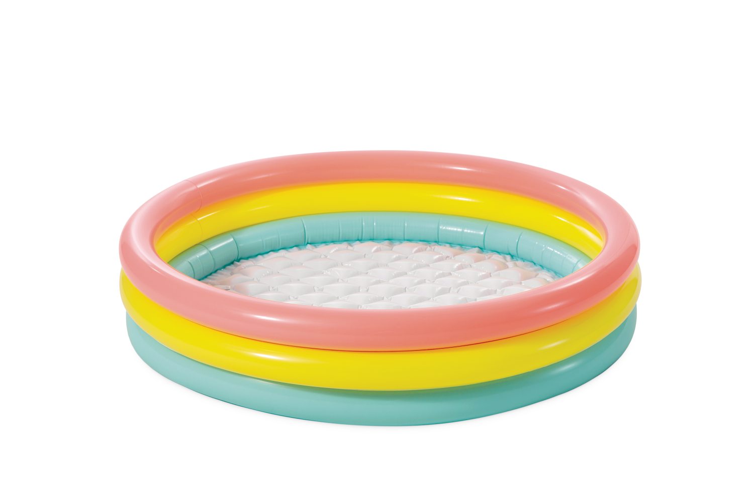Inflatable round pool with pink, yellow, and teal rim and white base