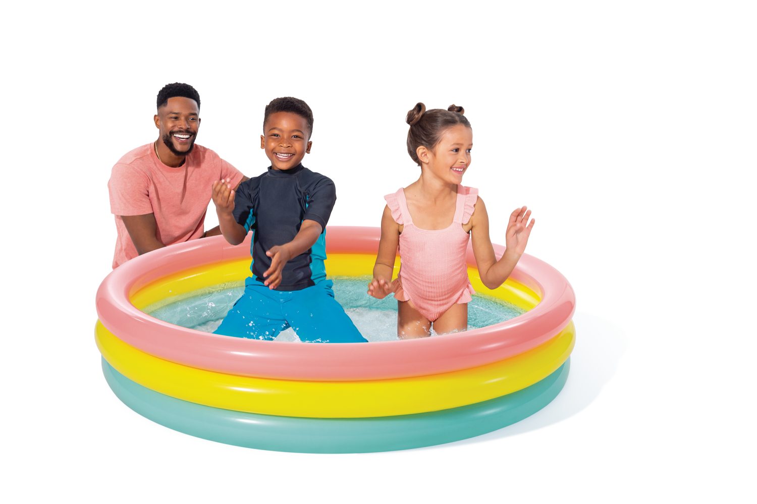 Inflatable pool with pink, yellow and teal rim; children playing in the water