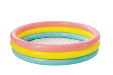 Inflatable kiddie pool with pink, yellow and teal rings, filled with white balls
