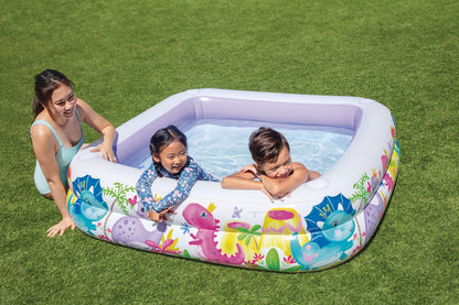 Inflatable kids pool with white interior and lavender side supports, marine animal print
