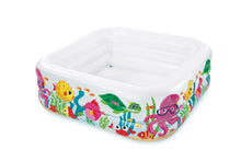 Inflatable pool with white base and colorful sea animal graphics on the sides