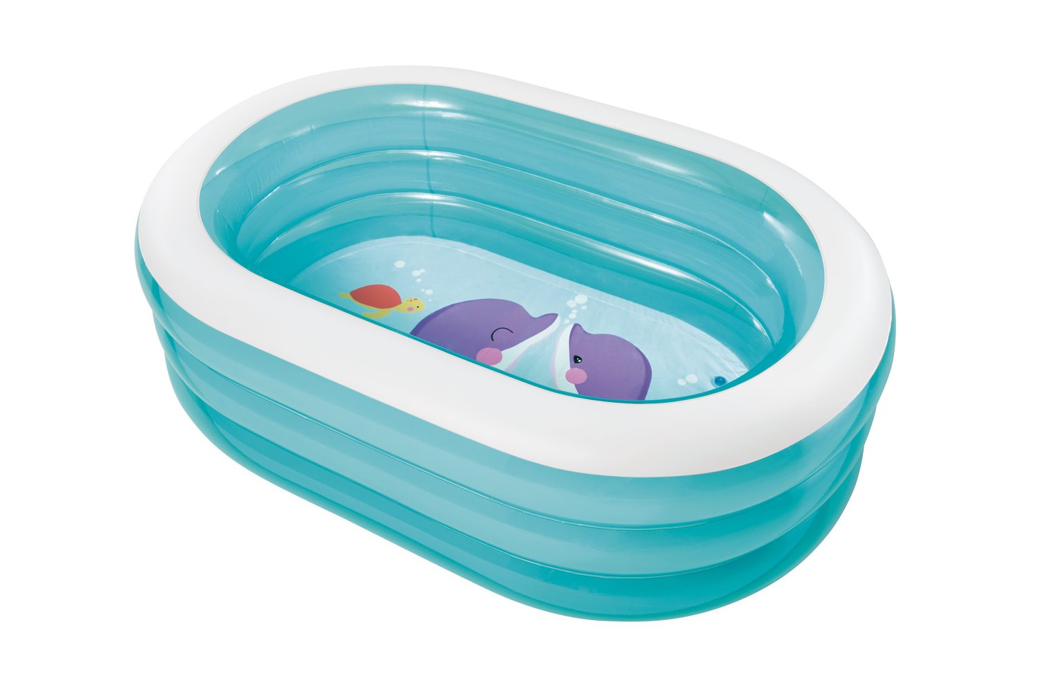 Inflatable rectangular pool with teal sides and whale graphic on light blue pool interior
