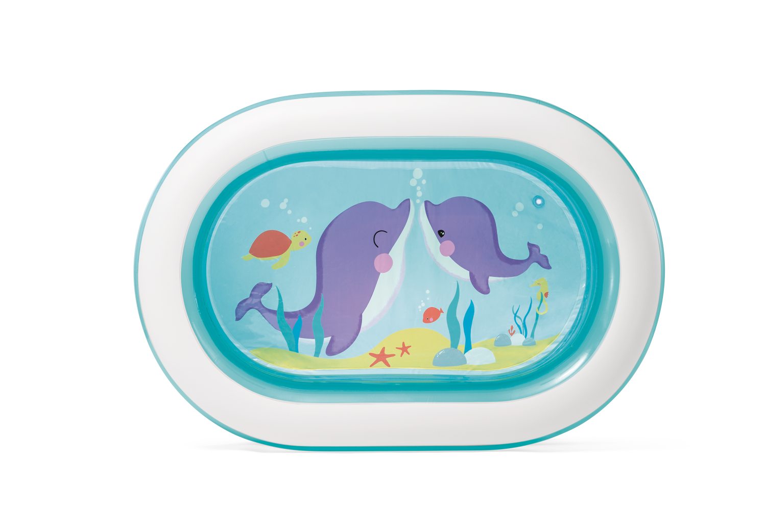 Inflatable rectangular kids pool with purple sea-animal graphic, teal and white edges