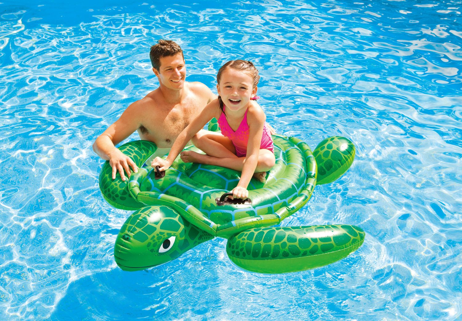 Green sea turtle ride-on float with kids riding, molded flippers and shell graphic