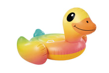 Inflatable duck ride-on with yellow head, orange beak, and pink body, blue handle