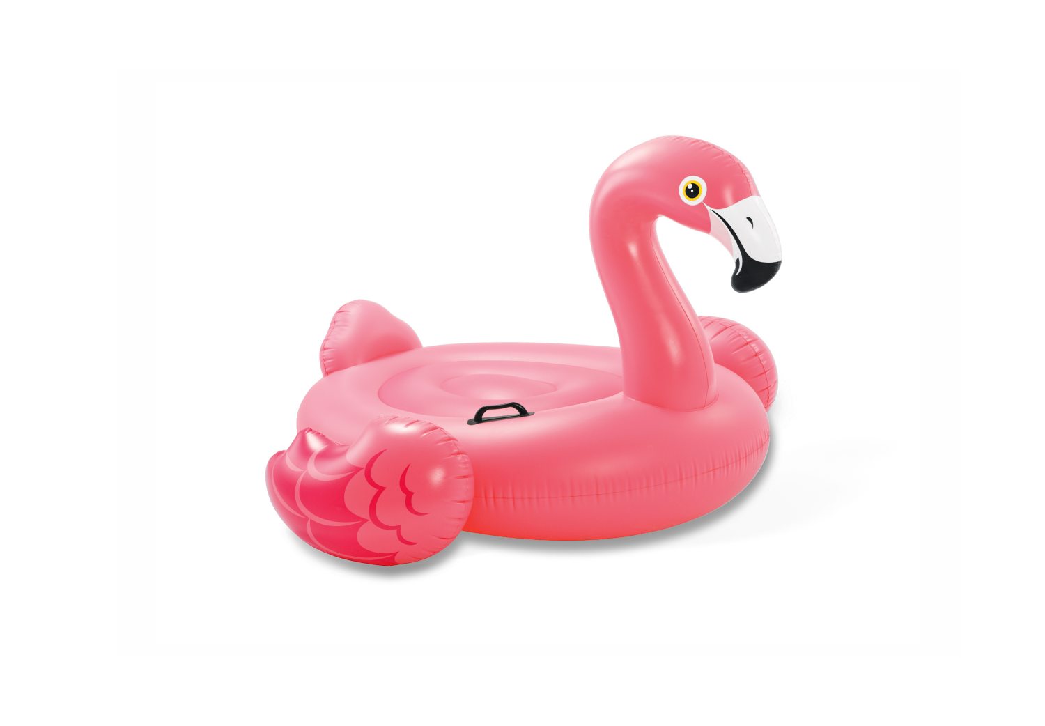 Pink flamingo ride-on inflatable with beak and eye detail, armrest handles