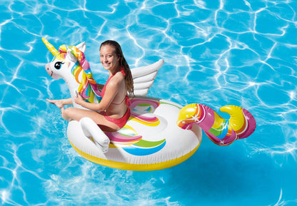 Unicorn ride-on float with rainbow mane and horn, white body and yellow ring base