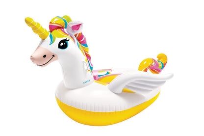 Unicorn ride-on float with rainbow mane, horn and yellow base, white body