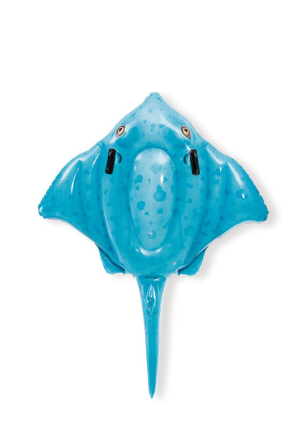 Blue inflatable stingray ride-on with front-facing eyes and pointed tail
