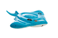 Blue inflatable stingray ride-on with smiling face and dorsal fin