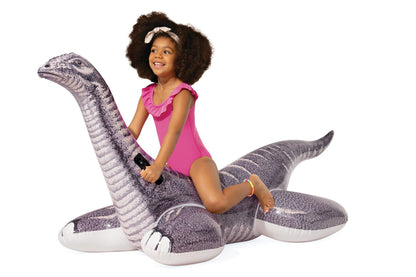 Brontosaurus ride-on inflatable with child seated in pink outfit, hands on handle