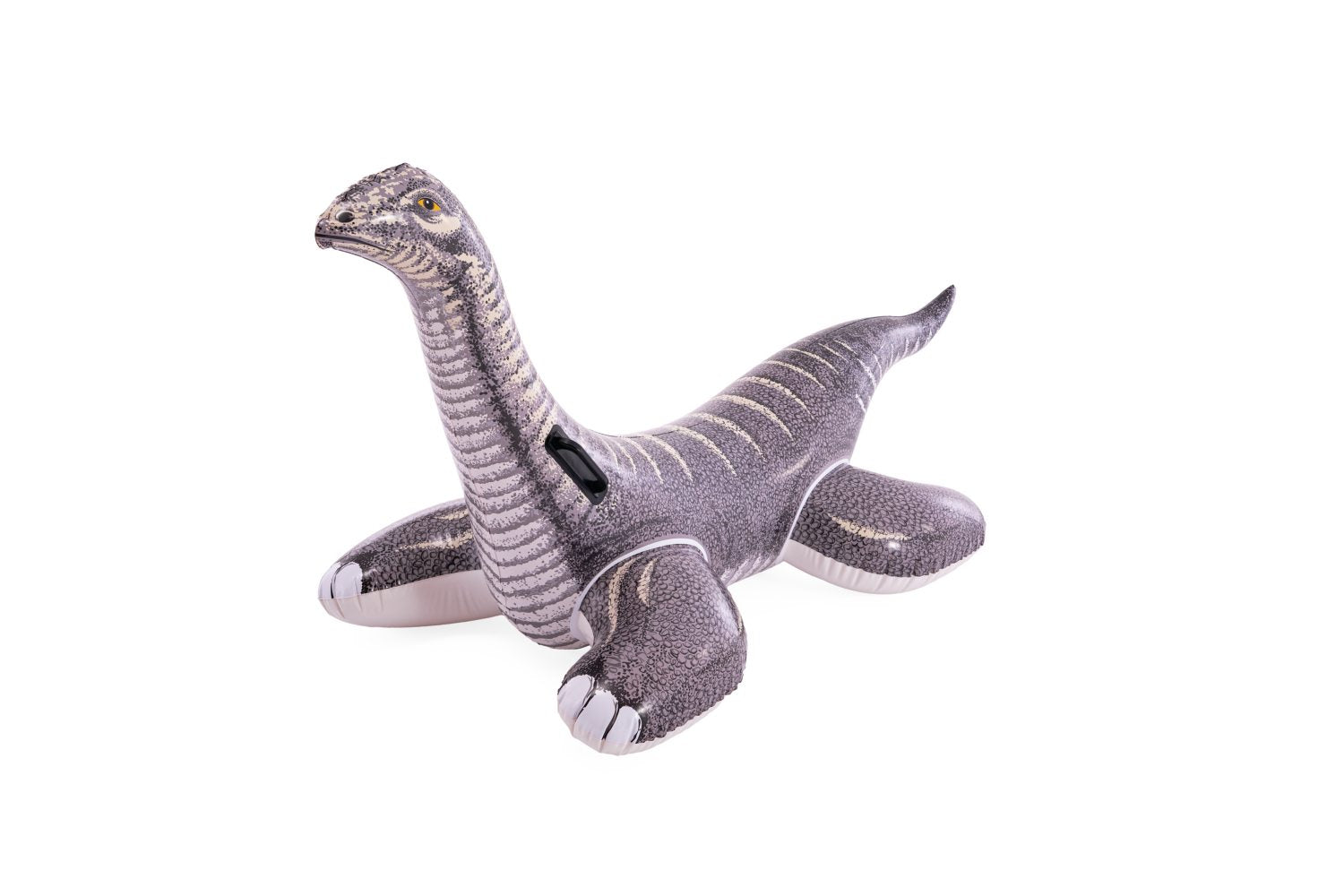 Grey brontosaurus ride-on inflatable with textured ridged back and molded feet