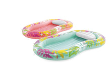 Inflatable tropical lounger set, pink and mint with leaf-and-floral prints and headrests