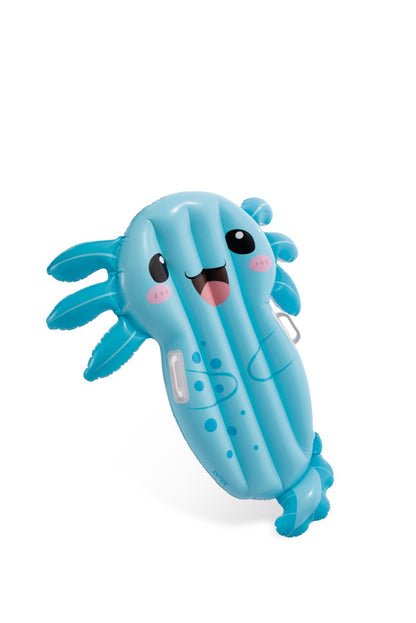 Axolotl-shaped inflatable pool float, light blue side view with fins and cartoon face