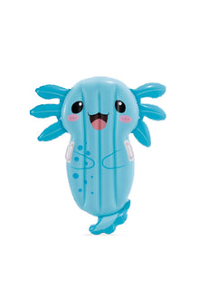 Axolotl-shaped inflatable pool float, light blue with smiling face and dark eyes