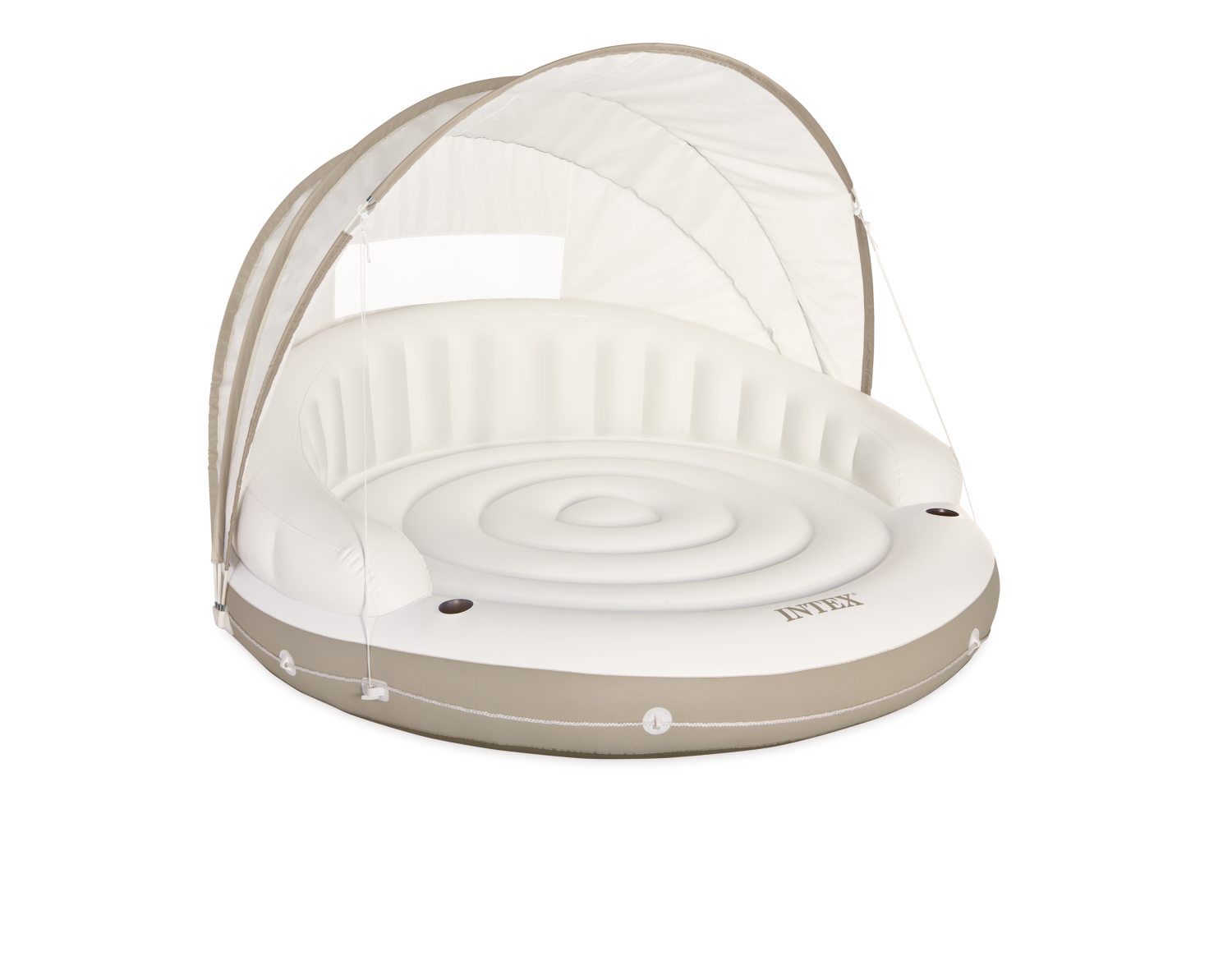 Inflatable pool lounger with white canopy and tan trim, circular base with Intex logo