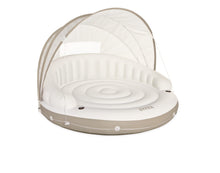 Inflatable pool lounger with white canopy and tan trim, circular base with Intex logo