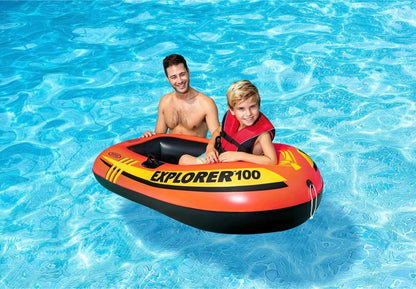 Explorer 100 inflatable boat with two riders seated on the orange deck