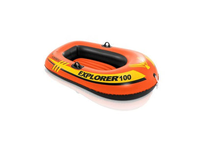 Orange and black inflatable 1-person boat with Explorer 100 branding and grab handles