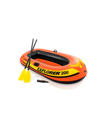 Orange inflatable boat kit with black seat, yellow paddles, and air pump