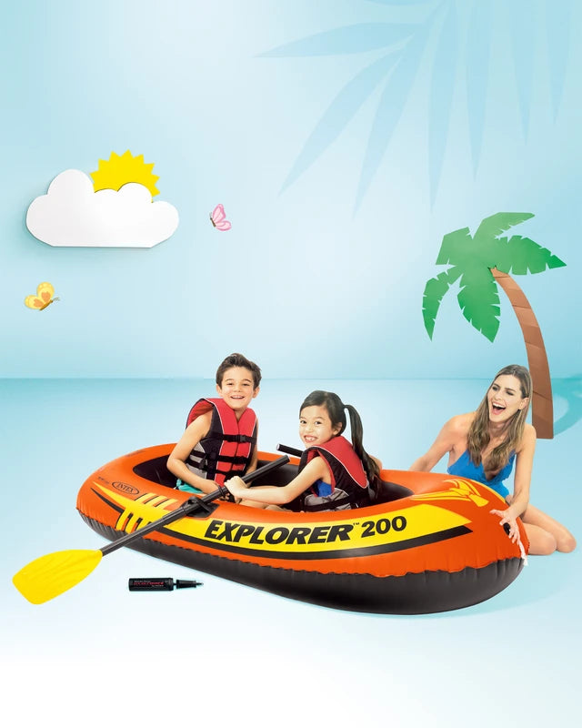 Orange inflatable boat with yellow graphics and two yellow paddles