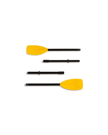 Set of four yellow-and-black inflatable boat paddles with black shafts