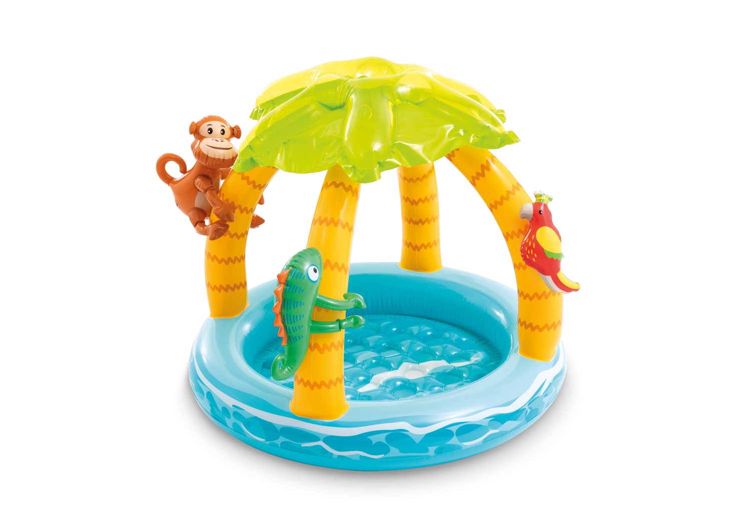 Tropical island baby pool with green umbrella, yellow pillars, and jungle animal toys