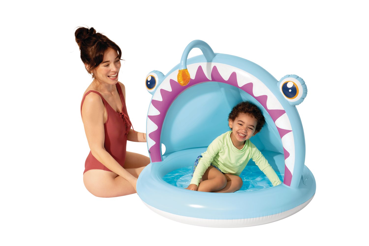 Light blue inflatable baby pool with open front and purple jagged tooth trim